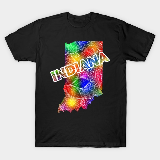 Colorful mandala art map of Indiana with text in multicolor pattern T-Shirt by Happy Citizen